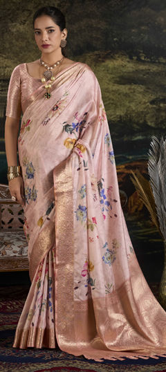 Pink and Majenta color Saree in Silk fabric with Floral, Printed, Weaving work