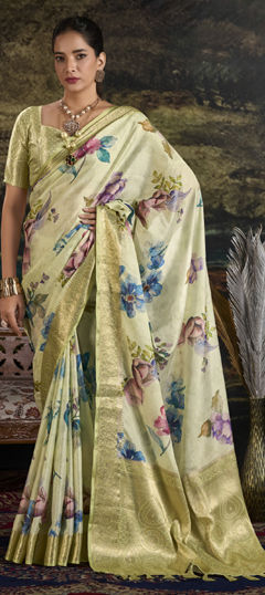 Green color Saree in Silk fabric with Floral, Printed, Weaving work
