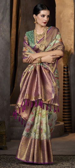 Green color Saree in Tissue fabric with Printed, Weaving work