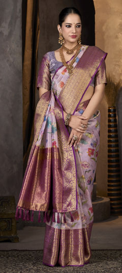 Purple and Violet color Saree in Tissue fabric with Printed, Weaving work