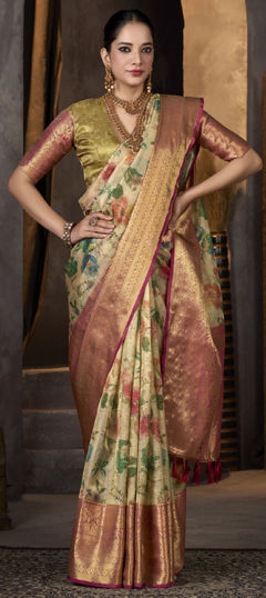Beige and Brown color Saree in Tissue fabric with Printed, Weaving work