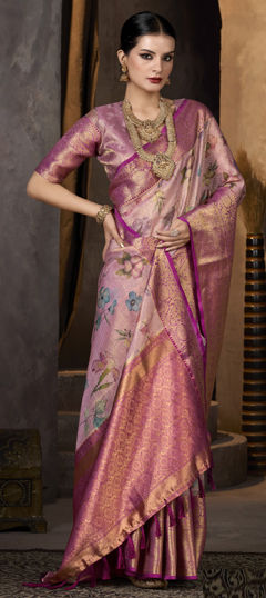Pink and Majenta color Saree in Tissue fabric with Printed, Weaving work
