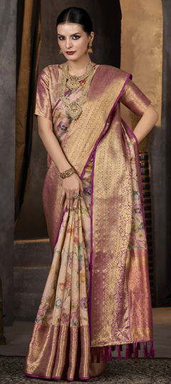 Pink and Majenta color Saree in Tissue fabric with Printed, Weaving work