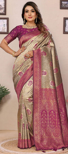 Beige and Brown color Saree in Tissue fabric with Weaving, Zari work