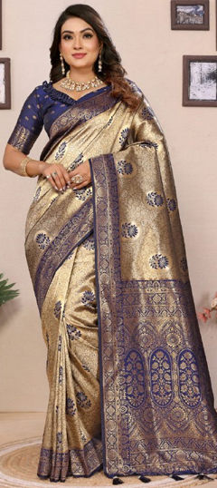 Beige and Brown color Saree in Tissue fabric with Weaving, Zari work