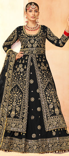Black and Grey color Long Lehenga Choli in Velvet fabric with Embroidered, Sequence, Stone, Thread work