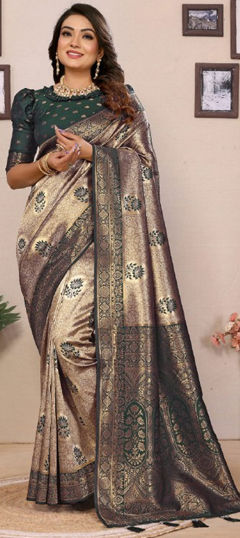 Beige and Brown color Saree in Tissue fabric with Weaving, Zari work