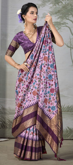 Purple and Violet color Saree in Silk fabric with Floral, Printed, Weaving work