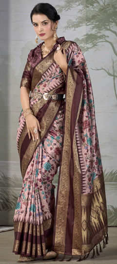 Pink and Majenta color Saree in Silk fabric with Floral, Printed, Weaving work