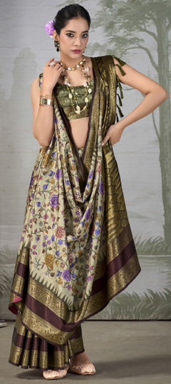 Beige and Brown color Saree in Silk fabric with Floral, Printed, Weaving work