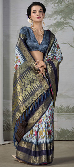 Blue color Saree in Silk fabric with Floral, Printed, Weaving work