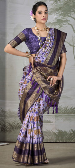Purple and Violet color Saree in Silk fabric with Floral, Printed, Weaving work