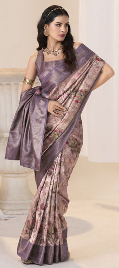Pink and Majenta color Saree in Silk fabric with Floral, Printed, Weaving work