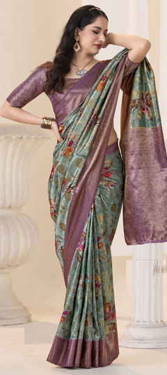 Green, Pink and Majenta color Saree in Silk fabric with Floral, Printed, Weaving work