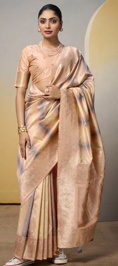 Pink and Majenta color Saree in Silk fabric with Printed, Weaving, Zari work