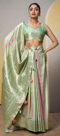 Green color Saree in Silk fabric with Printed, Weaving, Zari work