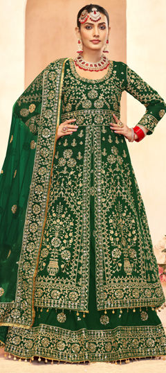 Green color Long Lehenga Choli in Velvet fabric with Embroidered, Sequence, Stone, Thread work