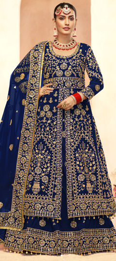Blue color Long Lehenga Choli in Velvet fabric with Embroidered, Sequence, Stone, Thread work