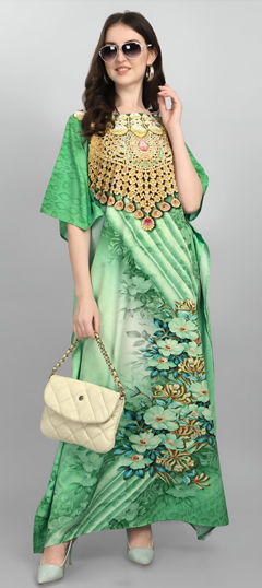 Green color Kaftan in Crepe Silk fabric with Digital Print, Stone work