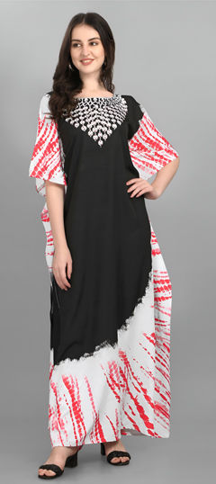 Black and Grey color Kaftan in Crepe Silk fabric with Digital Print, Stone work