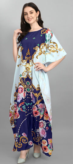Blue color Kaftan in Crepe Silk fabric with Digital Print, Stone work