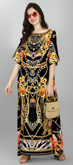Black and Grey color Kaftan in Crepe Silk fabric with Digital Print, Stone work