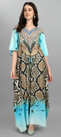 Blue color Kaftan in Crepe Silk fabric with Digital Print, Stone work