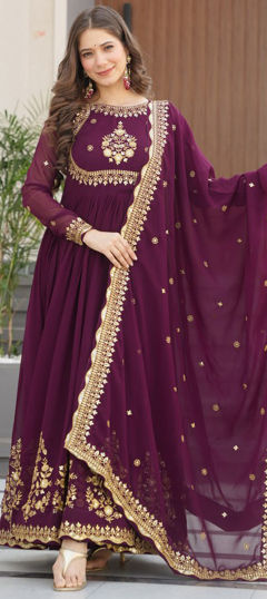 Purple and Violet color Gown in Faux Georgette fabric with Embroidered, Sequence, Thread, Zari work