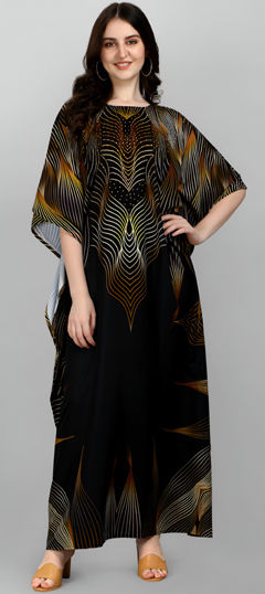 Black and Grey color Kaftan in Crepe Silk fabric with Printed work