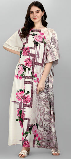 White and Off White color Kaftan in Crepe Silk fabric with Floral, Printed work