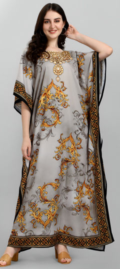 Black and Grey color Kaftan in Crepe Silk fabric with Printed work