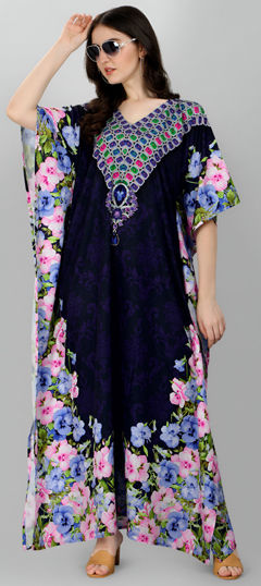 Blue color Kaftan in Crepe Silk fabric with Floral, Printed work