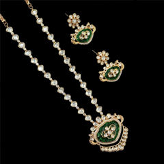 Gold Rodium Polish Green color Pendant in Brass studded with Kundan