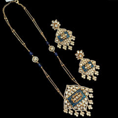 Gold Rodium Polish Blue color Pendant in Brass studded with Kundan