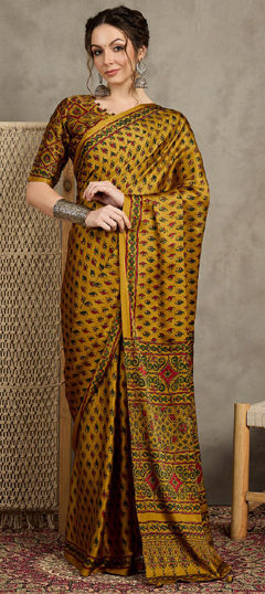 Yellow color Saree in Satin Silk fabric with Printed work