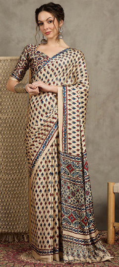 Beige and Brown color Saree in Satin Silk fabric with Printed work