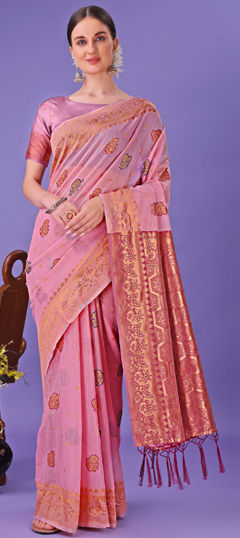 Pink and Majenta color Saree in Linen fabric with Printed, Weaving work