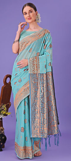 Blue color Saree in Linen fabric with Printed, Weaving work