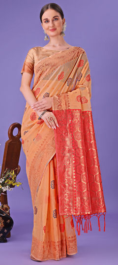 Pink and Majenta color Saree in Linen fabric with Printed, Weaving work