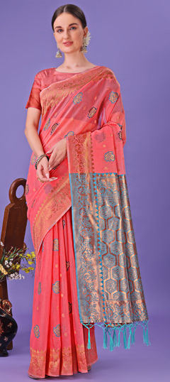 Pink and Majenta color Saree in Linen fabric with Printed, Weaving work