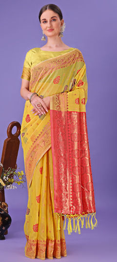 Yellow color Saree in Linen fabric with Printed, Weaving work
