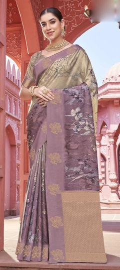 Beige and Brown, Purple and Violet color Saree in Silk fabric with Printed work
