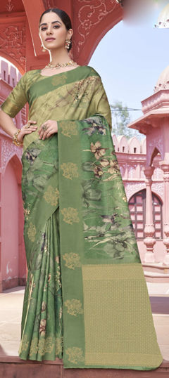 Green color Saree in Silk fabric with Printed work