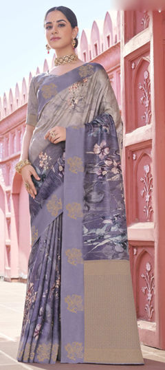 Purple and Violet color Saree in Silk fabric with Printed work