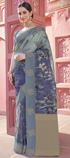 Black and Grey, Blue color Saree in Silk fabric with Printed work