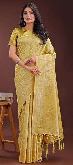 Yellow color Saree in Cotton fabric with Weaving work