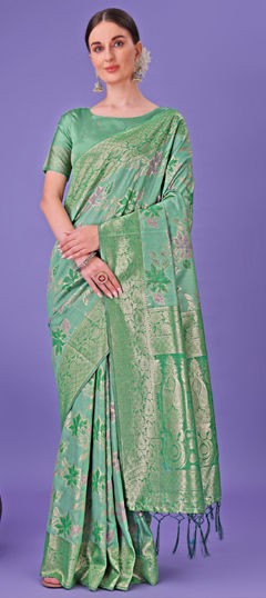 Green color Saree in Cotton fabric with Weaving work