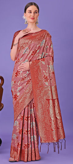 Red and Maroon color Saree in Cotton fabric with Weaving work
