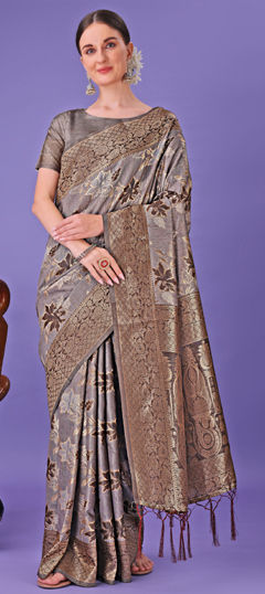 Black and Grey color Saree in Cotton fabric with Weaving work