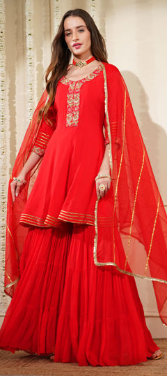 Red and Maroon color Salwar Kameez in Georgette fabric with Embroidered, Thread work